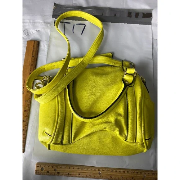 Bright Yellow Faux Leather Satchel Handbag with Adjustable Strap - Picture 2 of 6